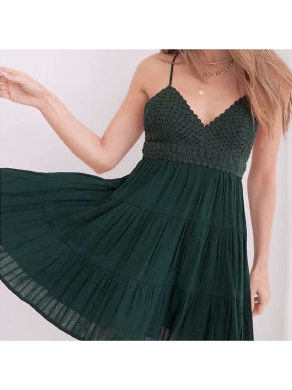 aerie Dark Green Crochet Bodice Tiered Mini Dress